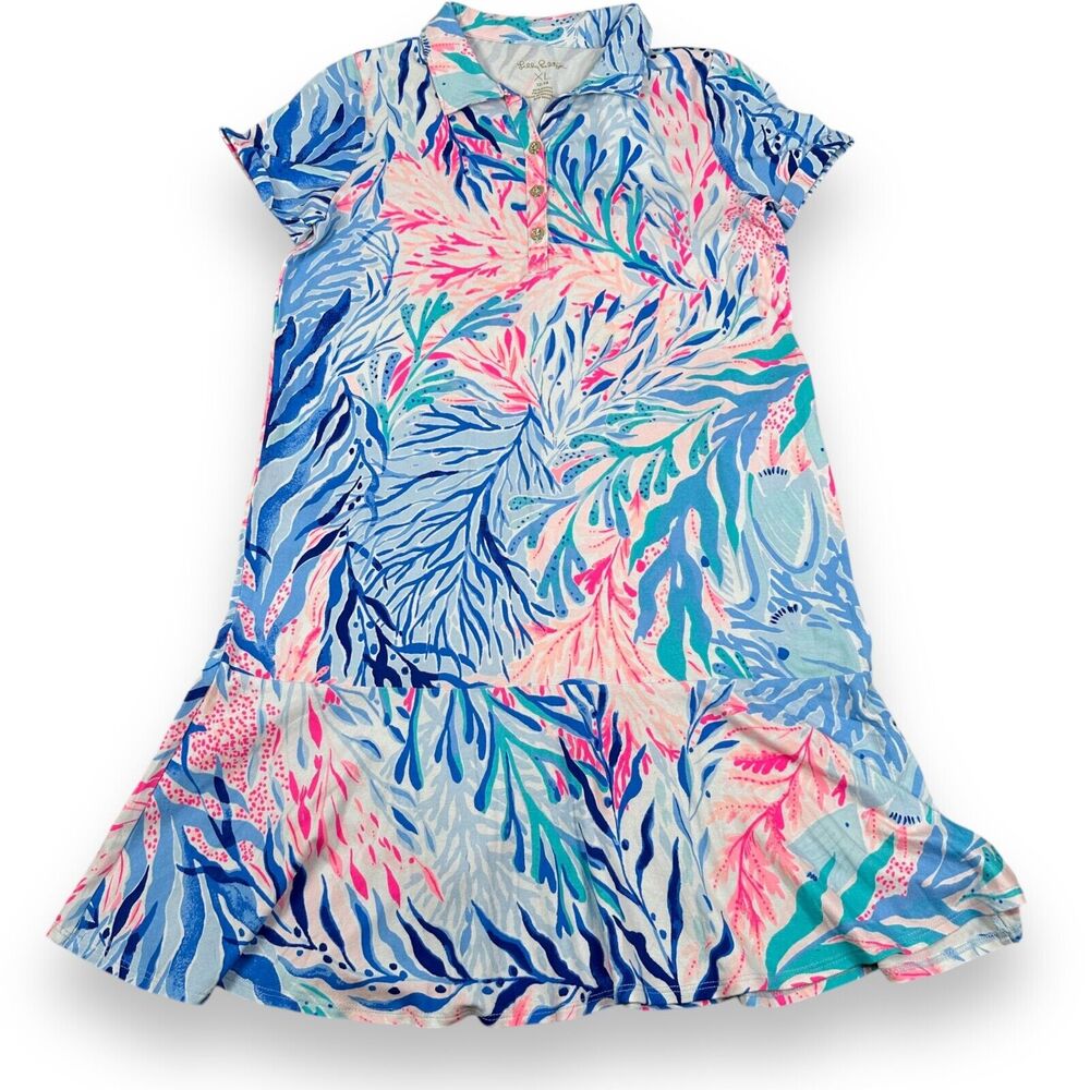 Lilly Pulitzer Mini Sadie Polo Dress‎ Girl's XL Crew Blue Kaleidoscope Coral New